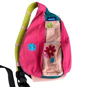 KAVU Rope Bag Sling Backpack Pink Teal Floral Embroidered Cotton Canvas Outdoors